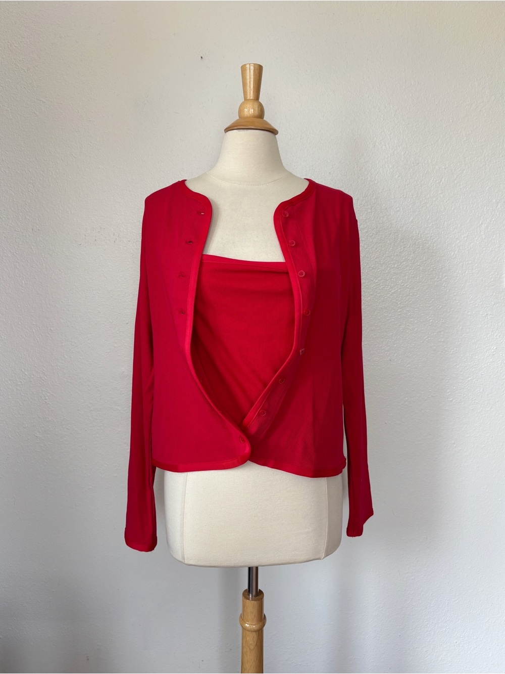 Solid Red Two Piece Cami & Button Down Cardigan Set